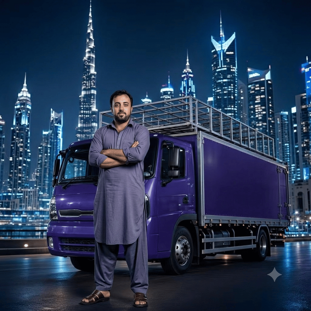 Johar Khan standing beside his blue moving truck in UAE – Professional Moving Services